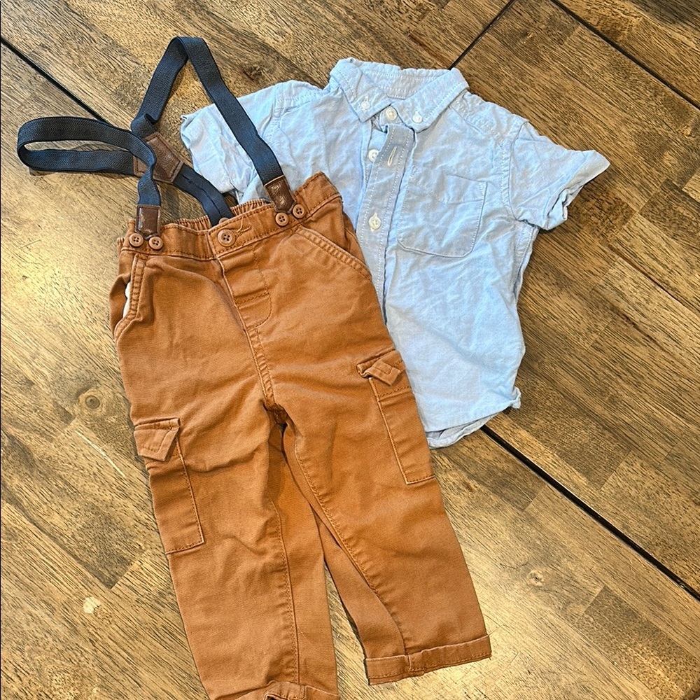 Boys Tan Cargo Pants with Adjustable Navy Suspenders